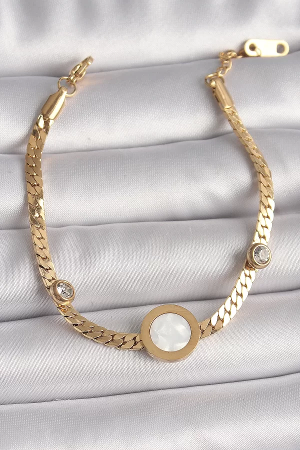 316L Çelik Gold Renk Yassı Zincir Model Zirkon Taş Detaylı Beyaz Mineli Madalyon Model Kadın Bileklik