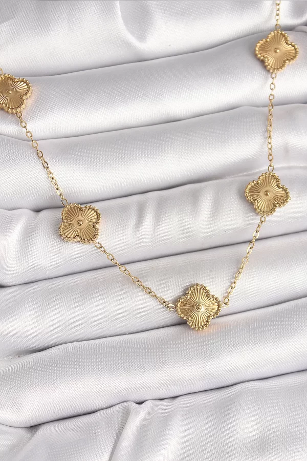 316L Çelik Gold Renk Zincir İşlemeli Yonca Model Kadın Kolye