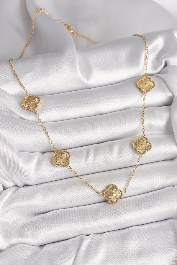 316L Çelik Gold Renk Zincir İşlemeli Yonca Model Kadın Kolye