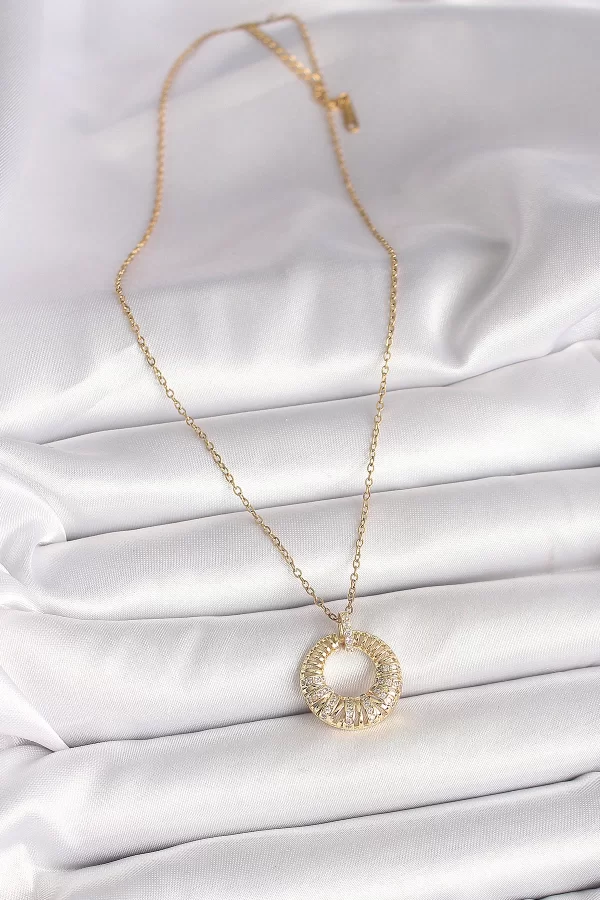 316L Çelik Gold Renk Zincir Zirkon Taş İşlemeli Daire Model Kadın Kolye