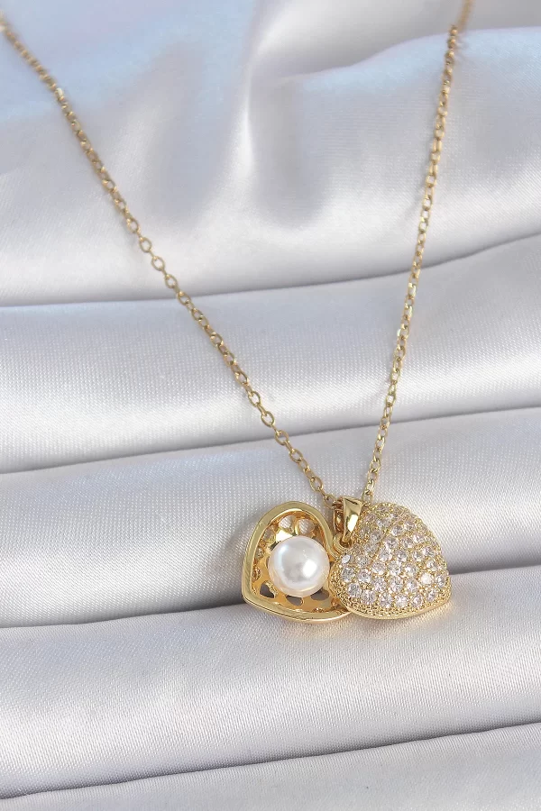 316L Çelik Gold Renk Zincir Zirkon Taşlı Açılır İncili Kalp Model Kadın Kolye