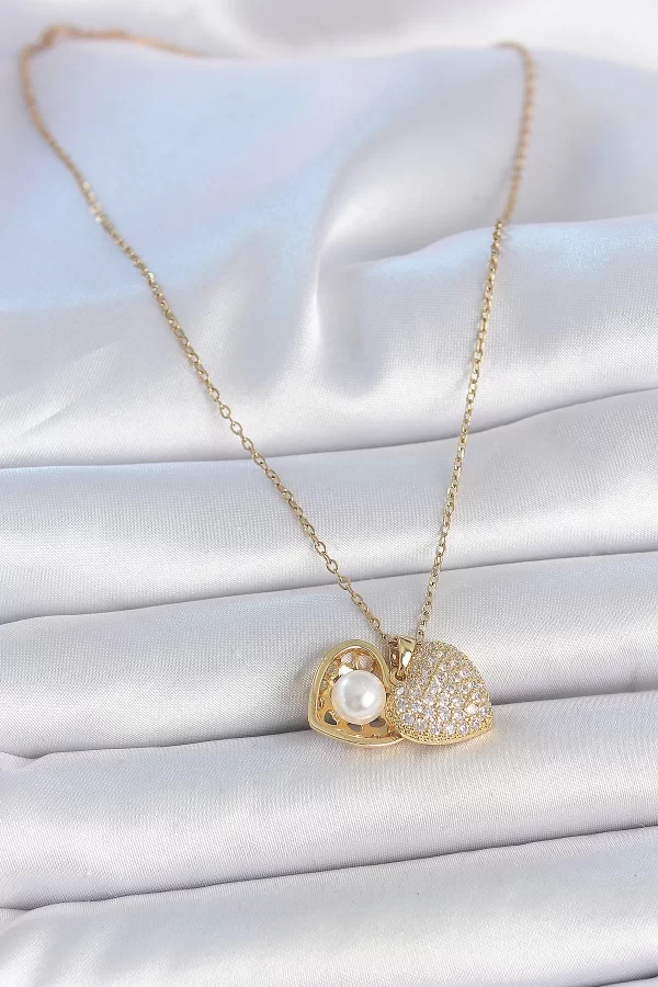 316L Çelik Gold Renk Zincir Zirkon Taşlı Açılır İncili Kalp Model Kadın Kolye