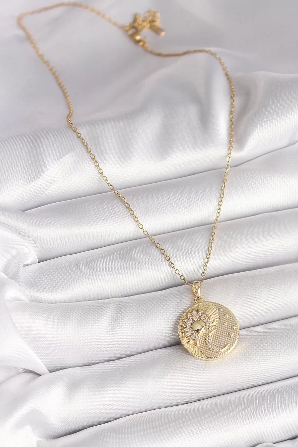 316L Çelik Gold Renk Zincir Zirkon Taşlı Ay Güneş İşlemeli Madalyon Model Kadın Kolye