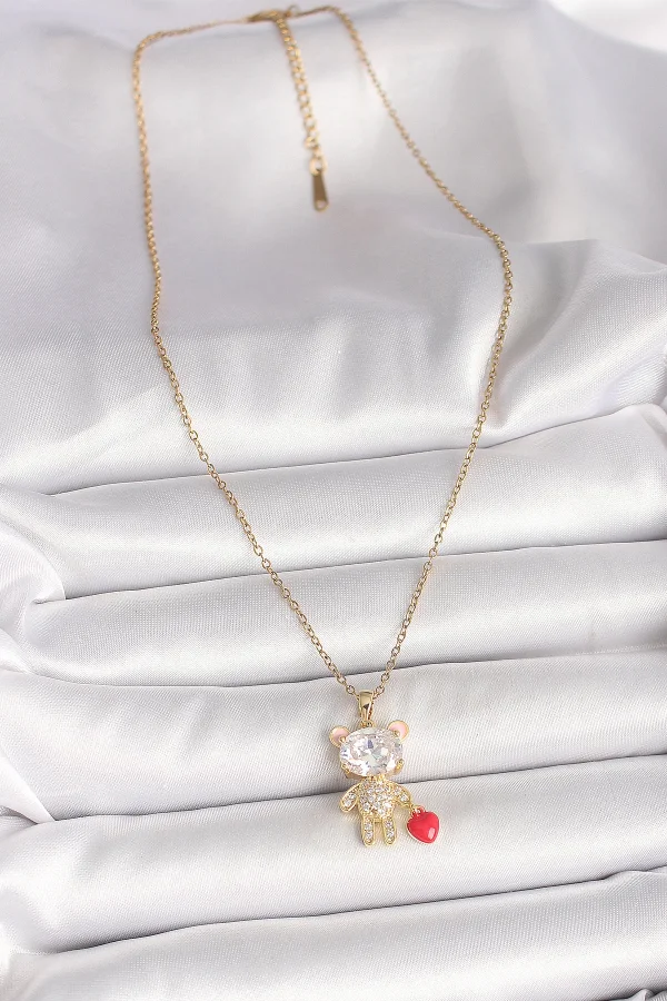 316L Çelik Gold Renk Zincir Zirkon Taşlı Ayıcık Model Kırmızı Kalp Detay Kadın Kolye