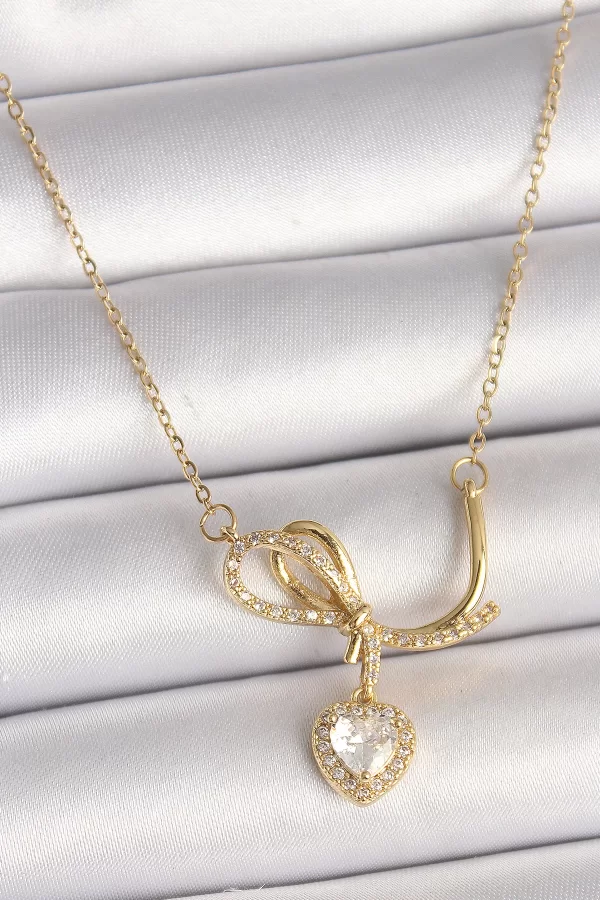 316L Çelik Gold Renk Zincir Zirkon Taşlı Düğüm Sallantı Kalp Model Kadın Kolye