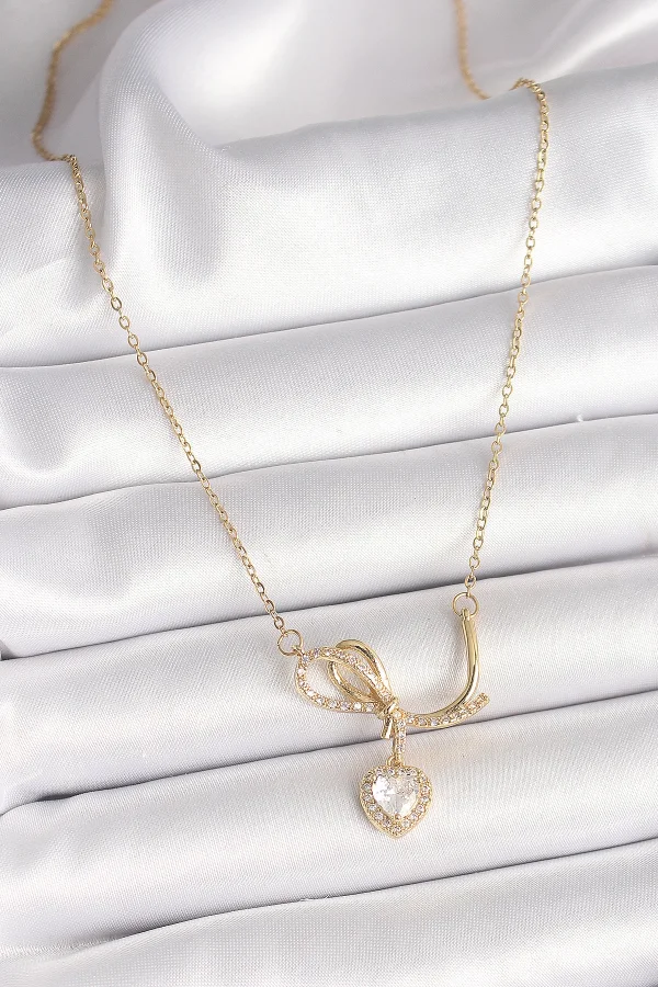316L Çelik Gold Renk Zincir Zirkon Taşlı Düğüm Sallantı Kalp Model Kadın Kolye