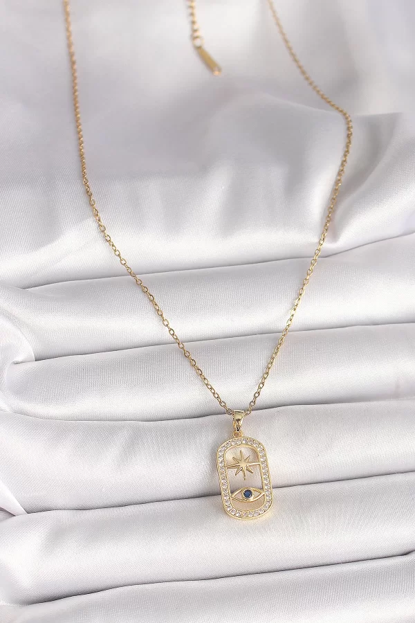 316L Çelik Gold Renk Zincir Zirkon Taşlı Göz Yıldız Model Kadın Kolye