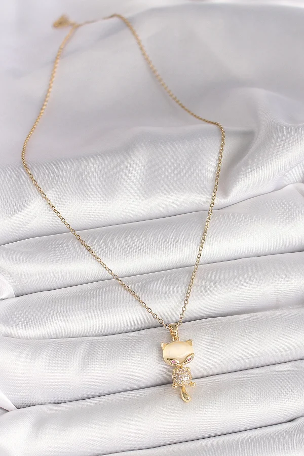 316L Çelik Gold Renk Zincir Zirkon Taşlı Kedi Model Kadın Kolye