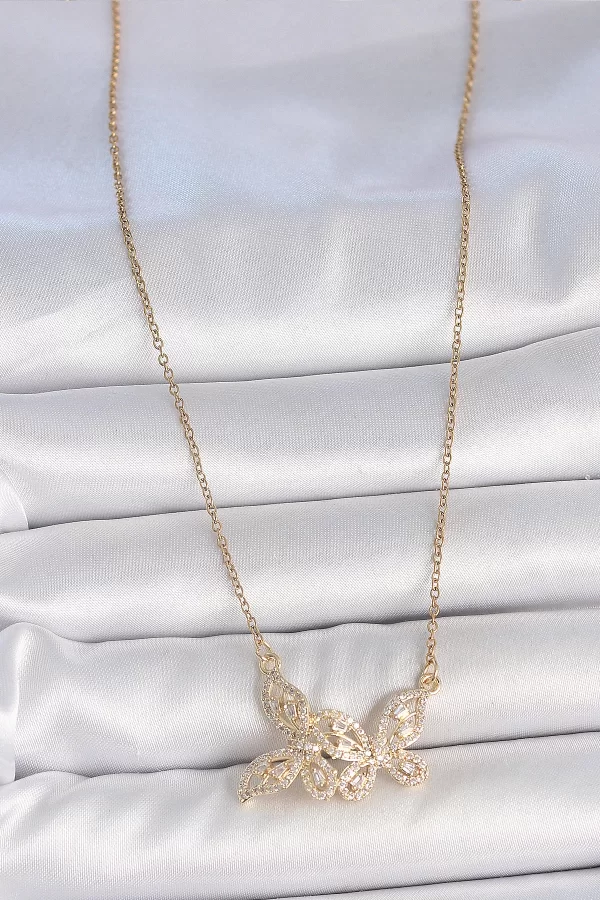 316L Çelik Gold Renk Zincir Zirkon Taşlı Kelebek Model Kadın Kolye