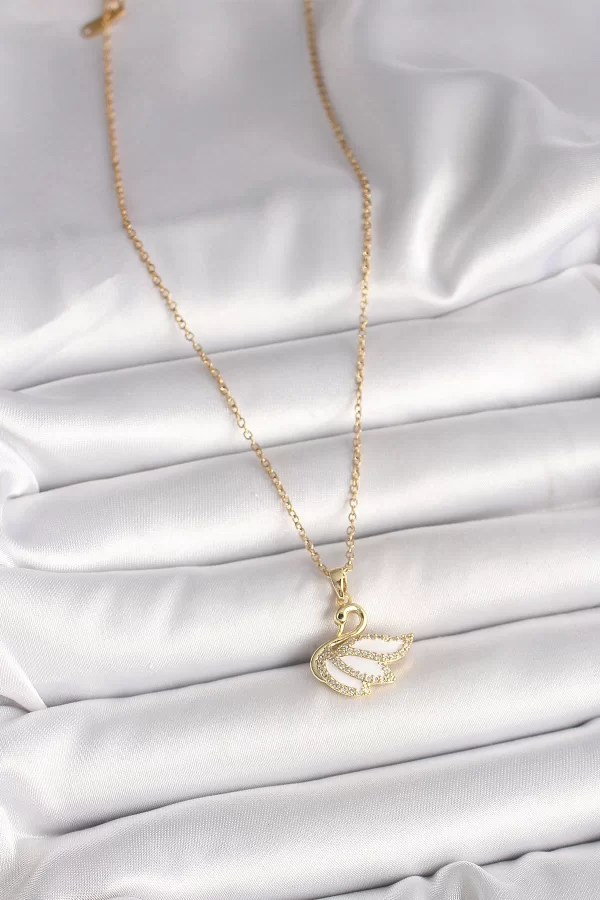 316L Çelik Gold Renk Zincir Zirkon Taşlı Kuğu Model Kadın Kolye