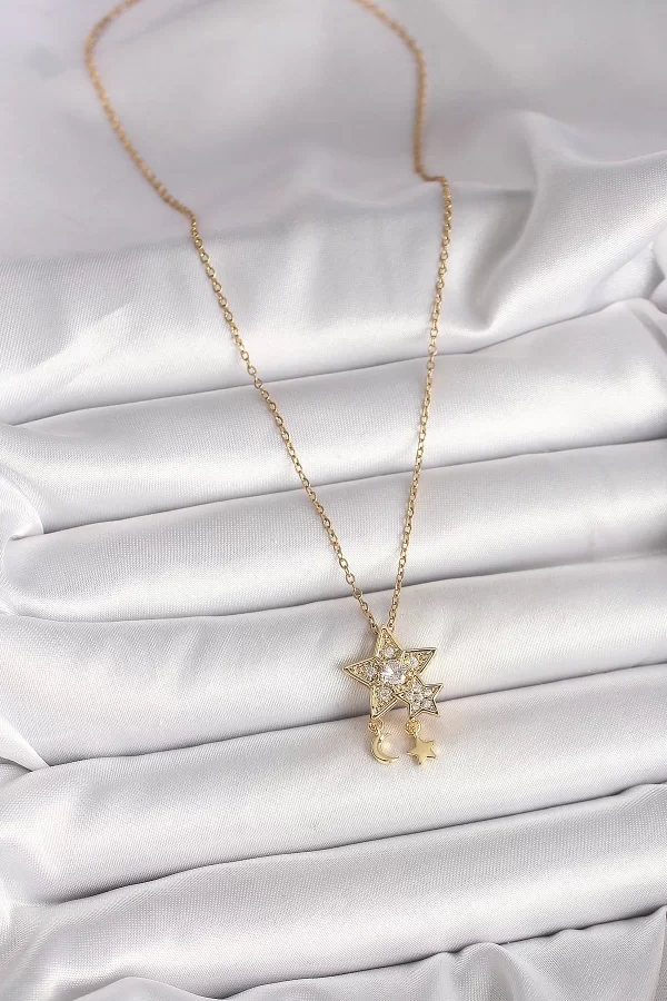 316L Çelik Gold Renk Zincir Zirkon Taşlı Yıldız Model Sallanı Ay Yıldız Detay Kadın Kolye