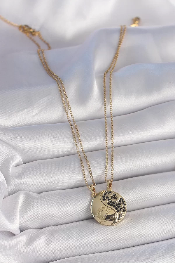 316L Çelik Gold Renk Zincir Zirkon Taşlı Ying Yang Model Gün Batımı İşlemeli Arkadaşlık Kadın Kolye