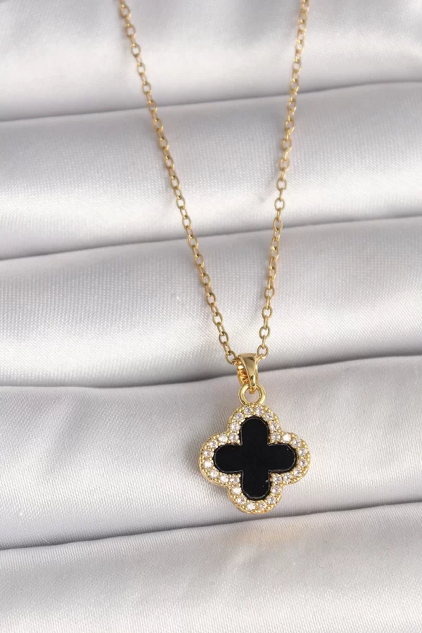 316L Çelik Gold Renk Zincir Zirkon Taşlı Yonca Model Kadın Kolye