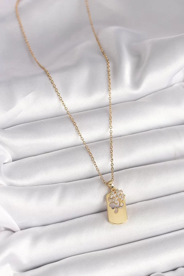 316L Çelik Gold Renk Zincir Zirkon Taşlı Yonca Model Kadın Kolye