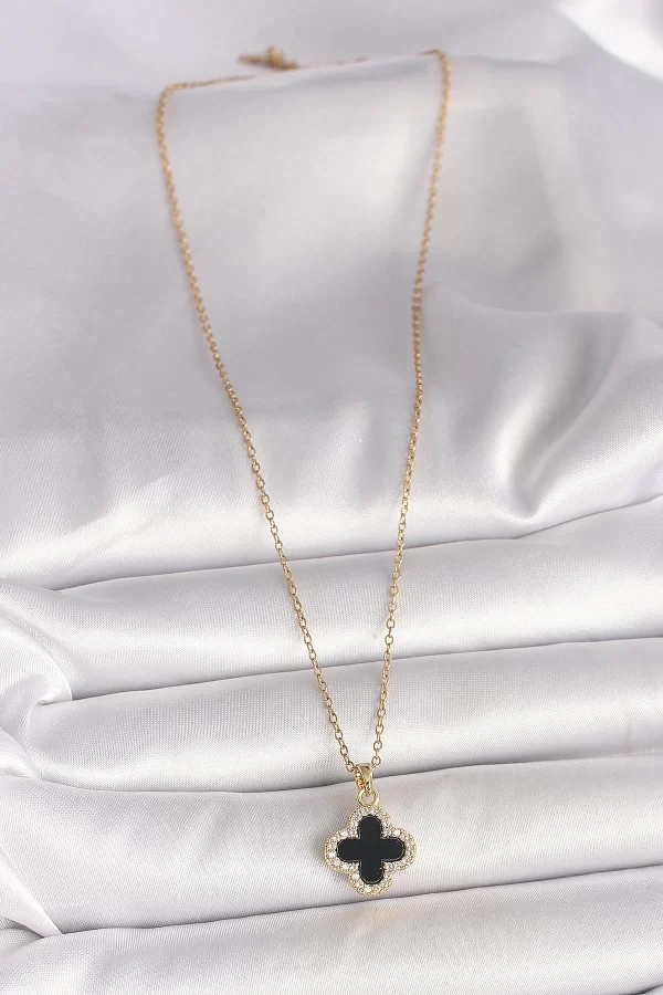 316L Çelik Gold Renk Zincir Zirkon Taşlı Yonca Model Kadın Kolye