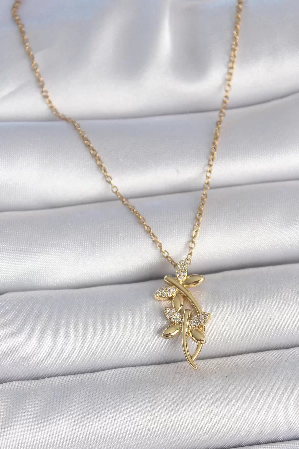 316L Çelik Gold Renk Zincir Zirkon Taşlı Yusufçuk Model Kadın Kolye