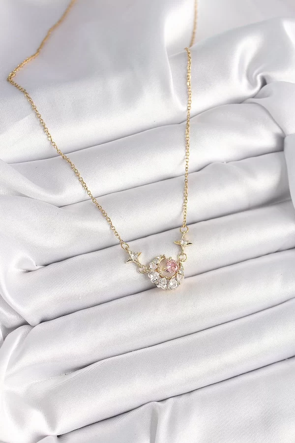316L Çelik Gold Renk Zirkon Taşlı Hilal Pembe Kalp Model Kadın Kolye