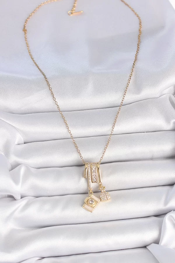316L Çelik Gold Renk Zirkon Taşlı Sallantı Fotoğraf Makinası Figür Charm Kadın Kolye