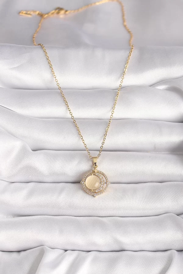 316L Çelik Gold Renk Zirkon Taşlı Sarı Sedefli Hilal Model Kadın Kolye