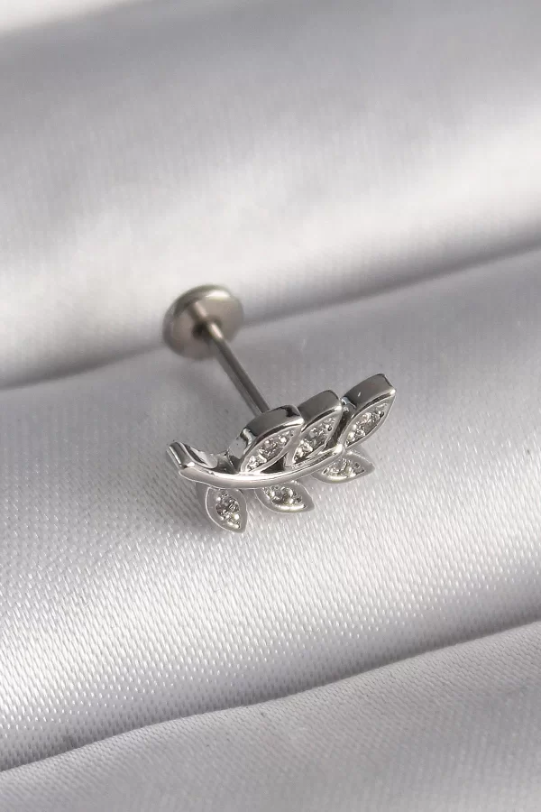 316L Çelik Gümüş Renk Dal Model Zirkon Taş Detaylı Tragus Piercing