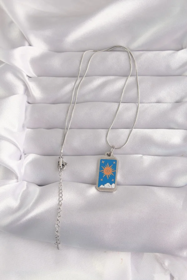 316L Çelik Gümüş Renk Mavi Mineli Güneş Model Tarot Kolye