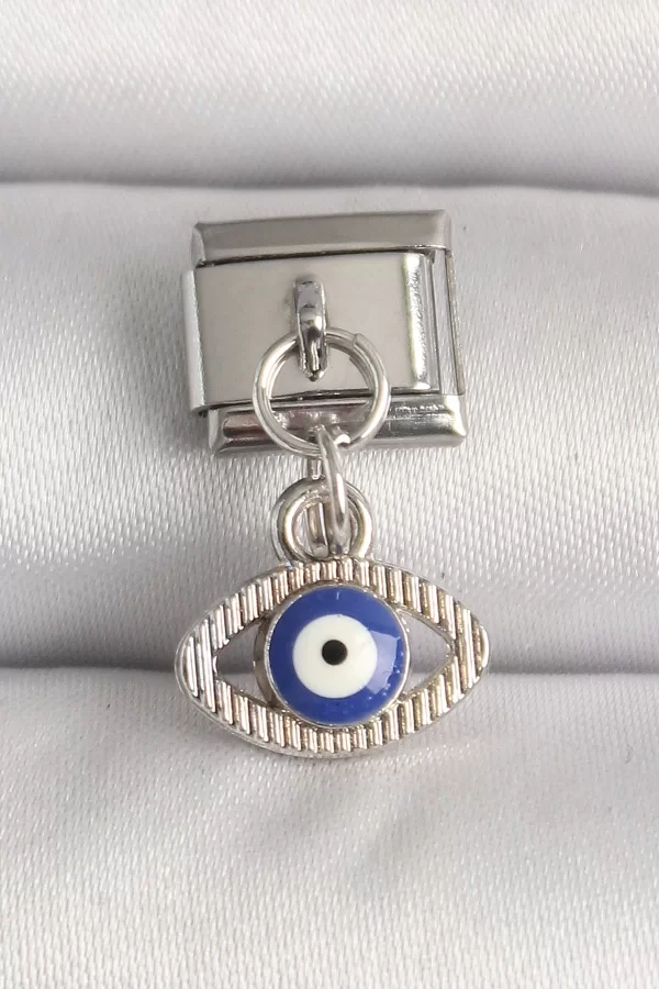 316L Çelik Gümüş Renk Nazar Boncuk Detaylı Göz Model Nomination Charm