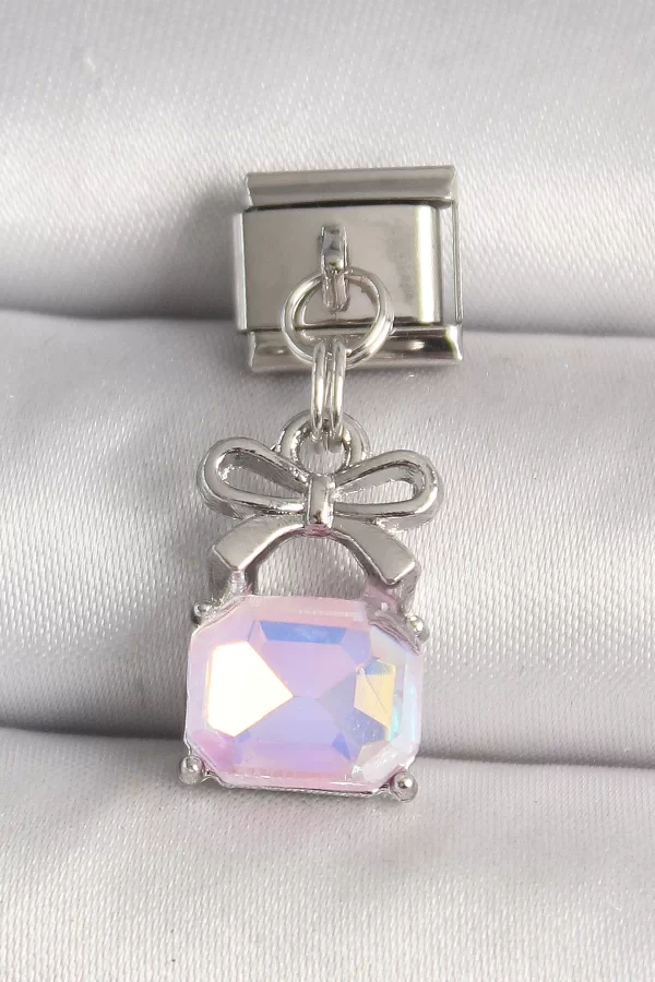 316L Çelik Gümüş Renk Pembe Zirkon Taşlı Çanta Model Nomination Charm