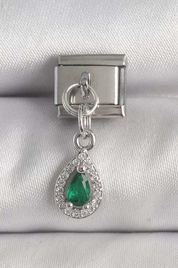 316L Çelik Gümüş Renk Sallantı Yeşil Zirkon Taşlı Damla Model Nomination Charm