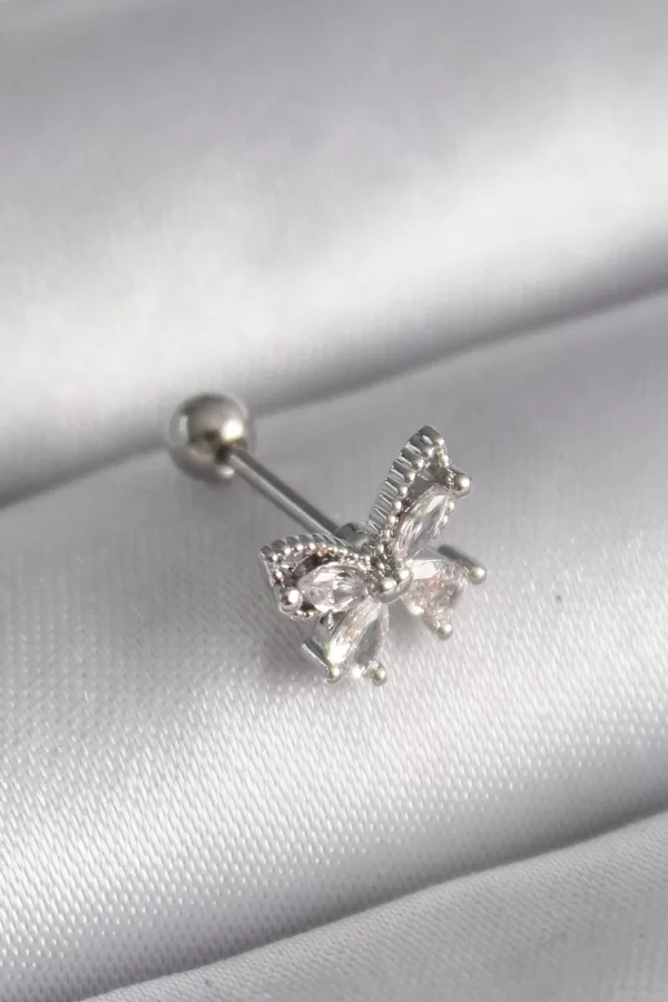 316L Çelik Gümüş Renk Zirkon Taşlı Kelebek Tragus Piercing