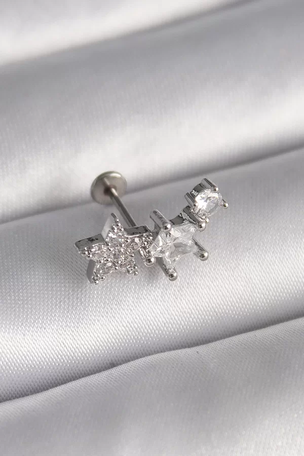 316L Çelik Gümüş Renk Zirkon Taşlı Yıldız Model Tragus Piercing