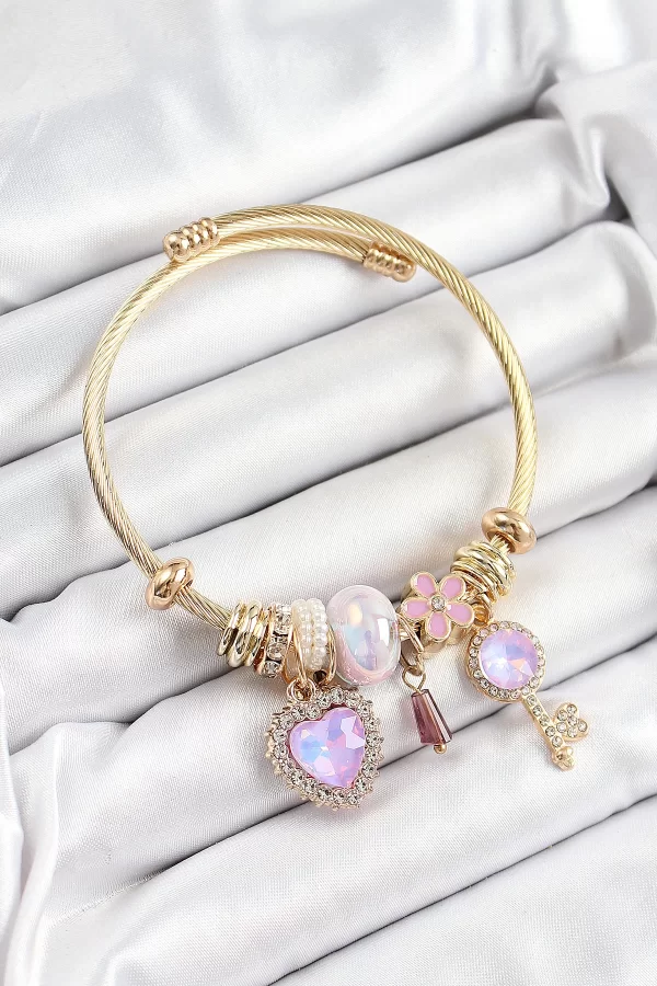 316L Çelik Mor Zirkon Taşlı Anahtar Ve Kalp Model Gold Renk Charm Bileklik