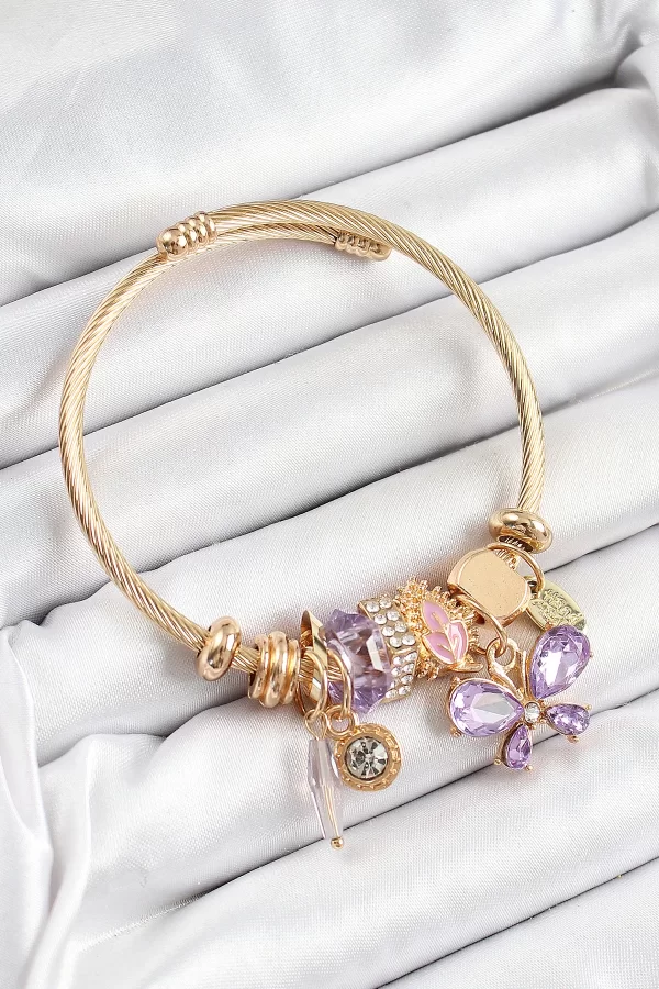 316L Çelik Mor Zirkon Taşlı Kelebek Model Gold Renk Charm Bileklik