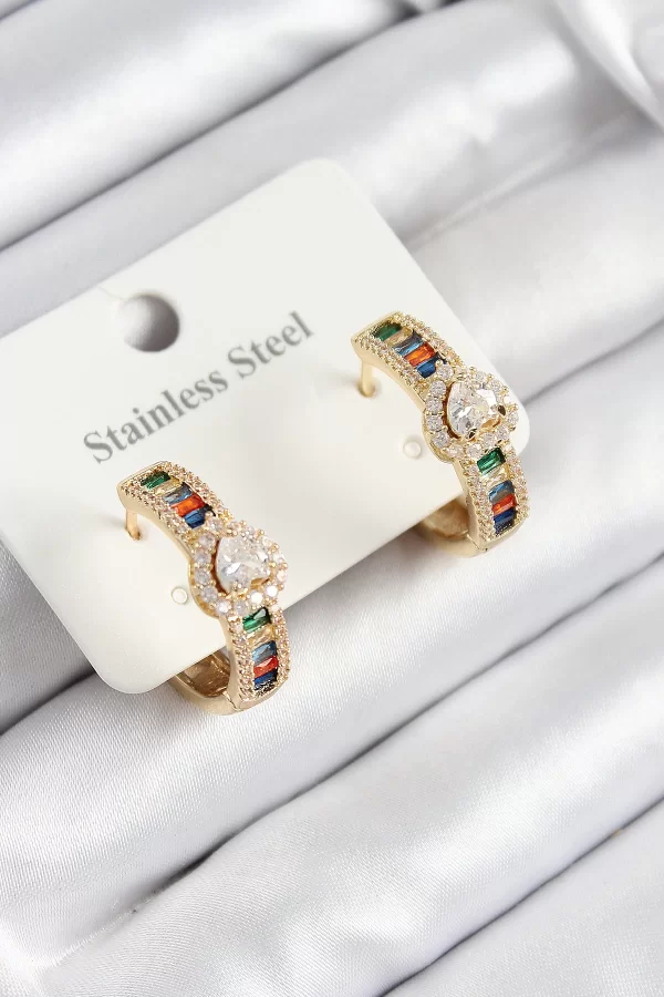316L Çelik Renkli Zirkon Taşlı Kalpli Baget Halka Model Gold Renk Kadın Küpe