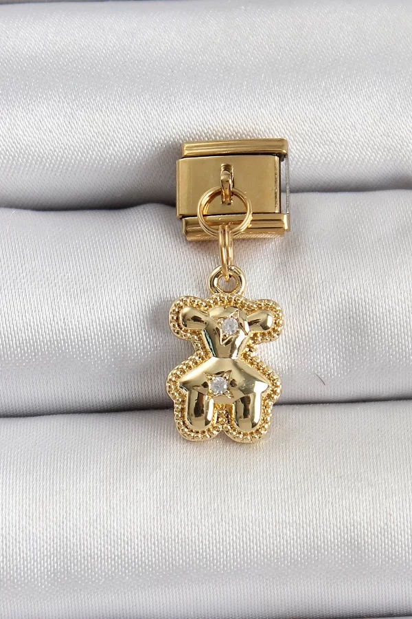 316L Çelik Sallantılı Zirkon Taşlı Ayıcık Model Gold Renk Nomination Charm