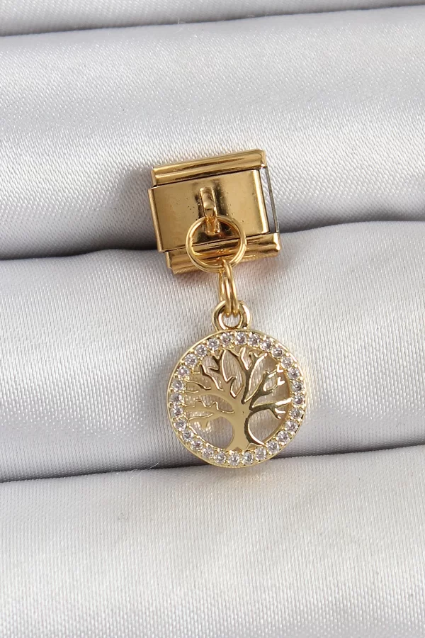 316L Çelik Sallantılı Zirkon Taşlı Hayat Ağacı Model Gold Renk Nomination Charm