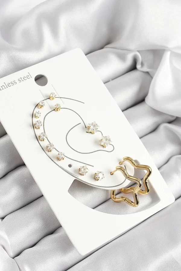 316L Çelik Yıldız Figürlü Ve Zirkon Taşlı Gold Renk 7li Çift Kadın Küpe Set