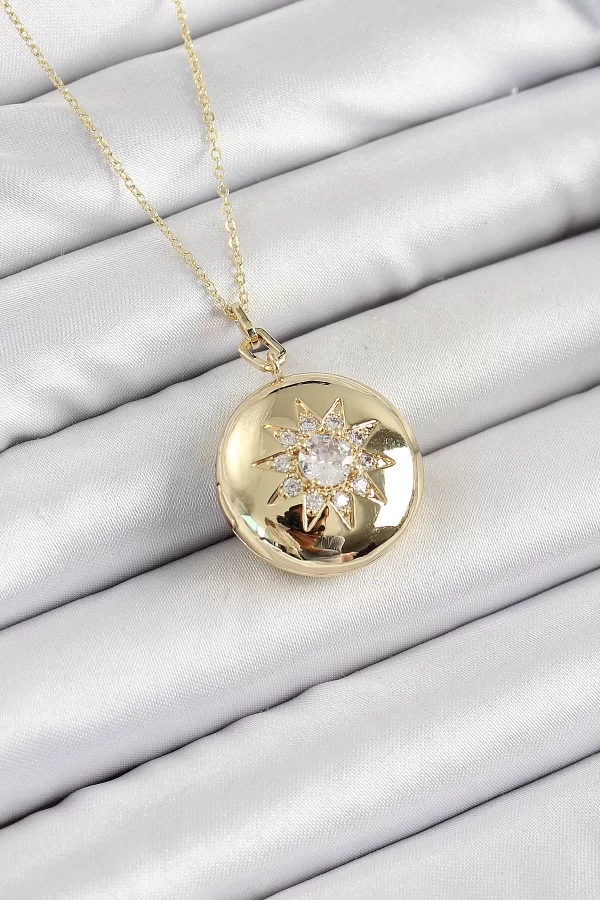 316L Çelik Zincir Açılabilir Madalyon Model Zirkon Taşlı Gold Renk Kadın Kolye