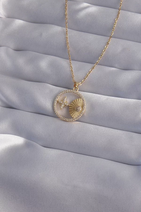 316L Çelik Zincir Gold Renk Zirkon Taşlı Yıldız Figürlü Oval Kolye