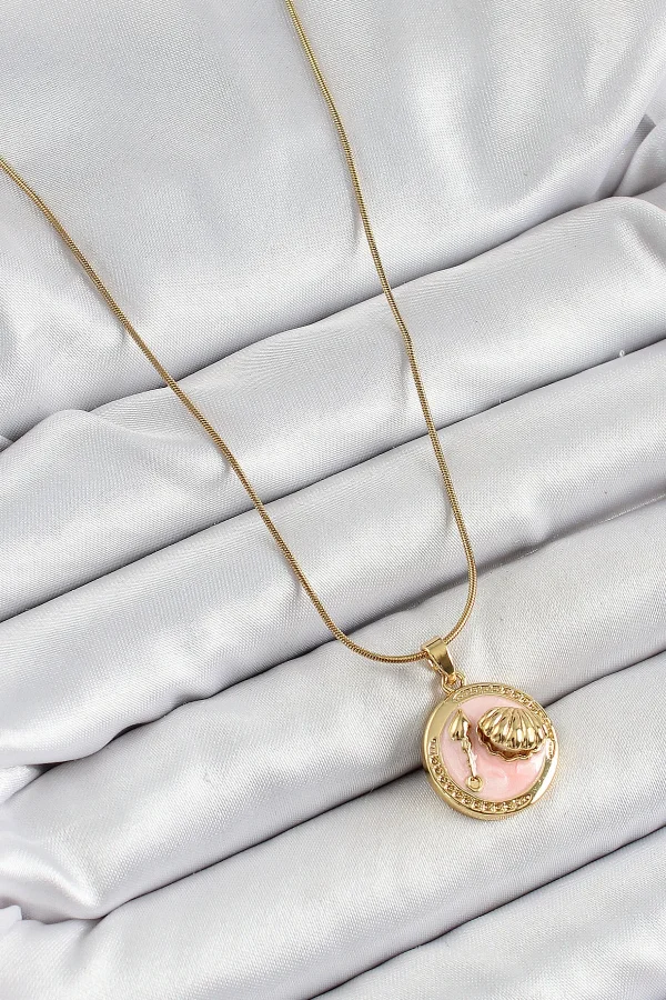316L Çelik Zincir Pembe Mineli Sanatsal Portre İstiridye Model Gold Renk Kadın Kolye