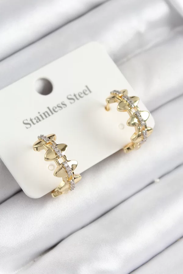 316L Çelik Zirkon Taşlı Çit Halka Model Gold Renk Kadın Küpe