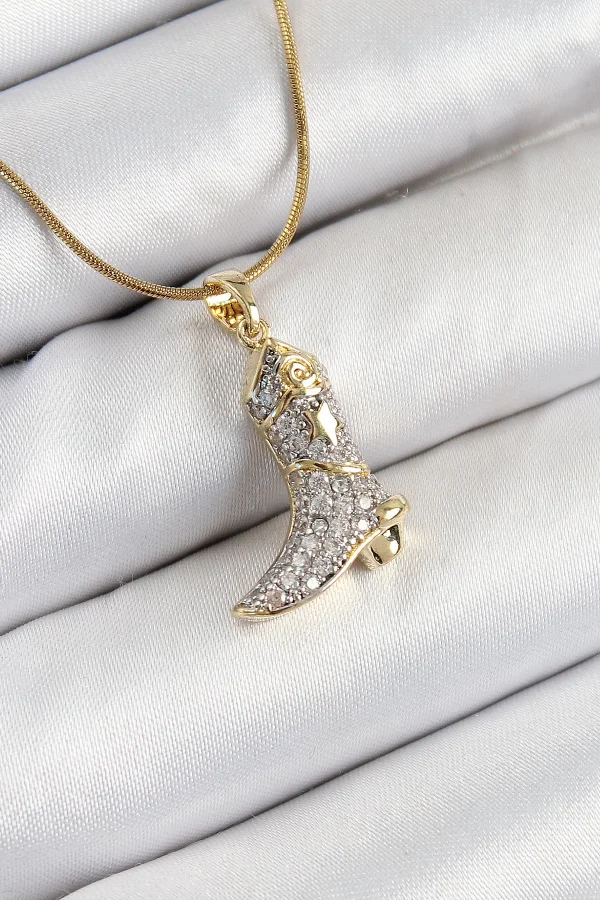 316L Çelik Zirkon Taşlı Çizme Model Gold Renk Kadın Kolye