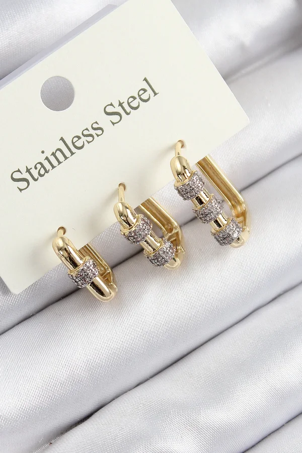 316L Çelik Zirkon Taşlı Dikdörtgen Model Gold Renk 3lü Set Kadın Küpe