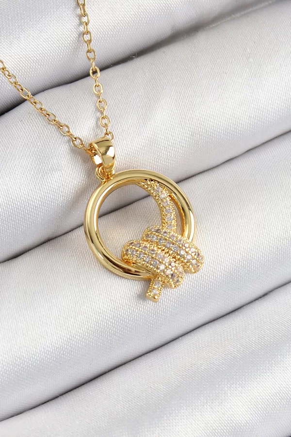 316L Çelik Zirkon Taşlı Düğüm Model Gold Renk Kadın Kolye