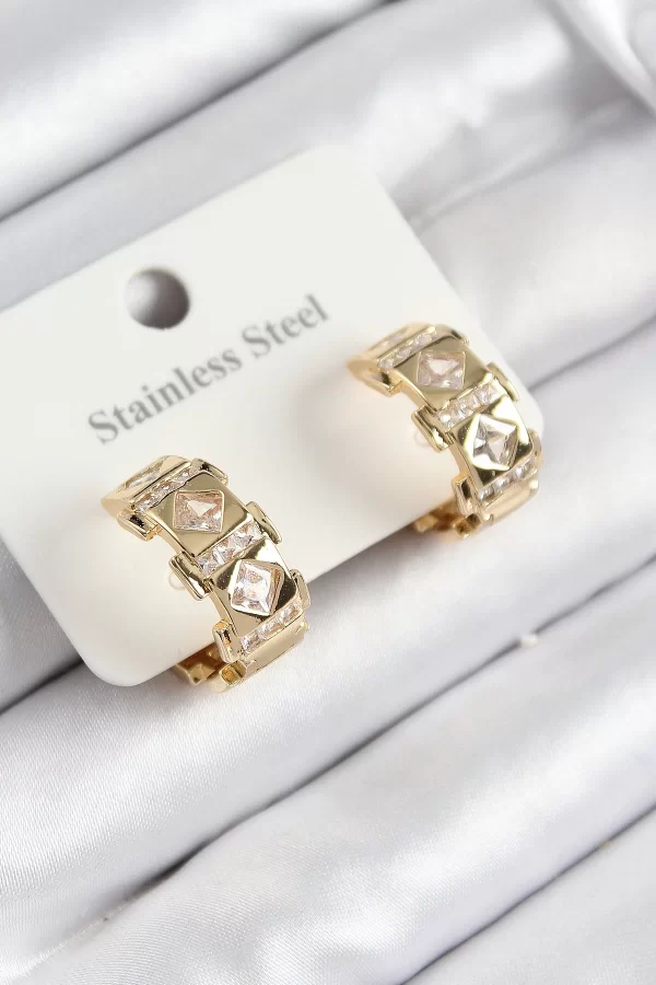 316L Çelik Zirkon Taşlı Halka Model Gold Renk Kadın Küpe