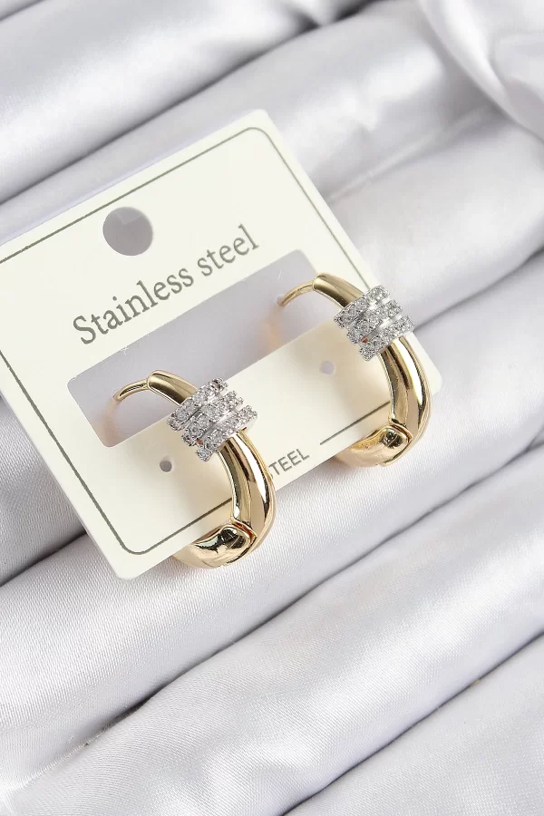 316L Çelik Zirkon Taşlı Halka Model Gold Renk Kadın Küpe