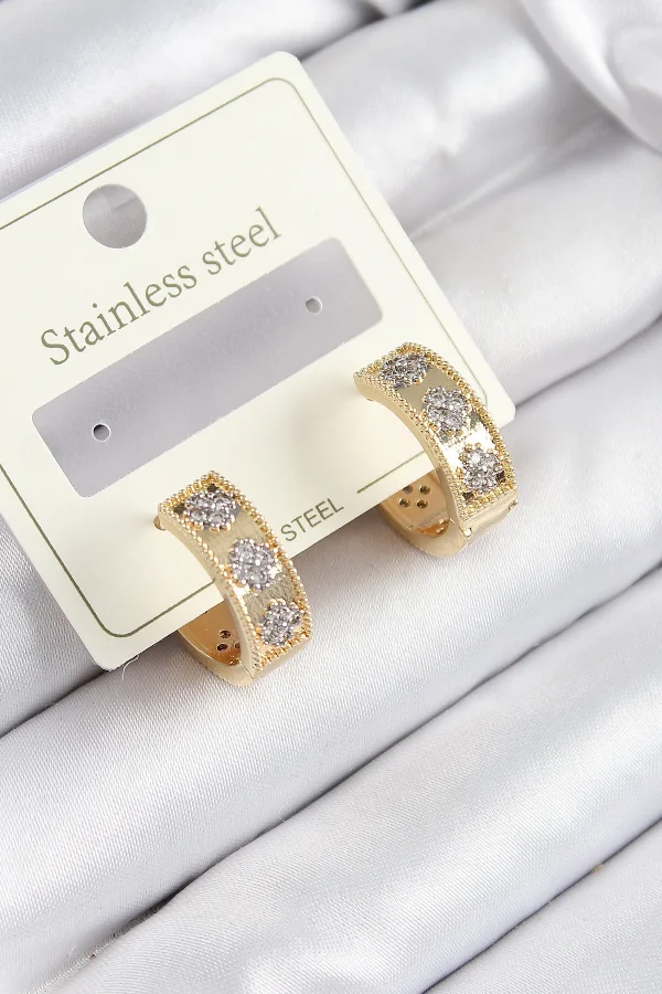 316L Çelik Zirkon Taşlı Halka Model Gold ve Gümüş Renk Kadın Küpe