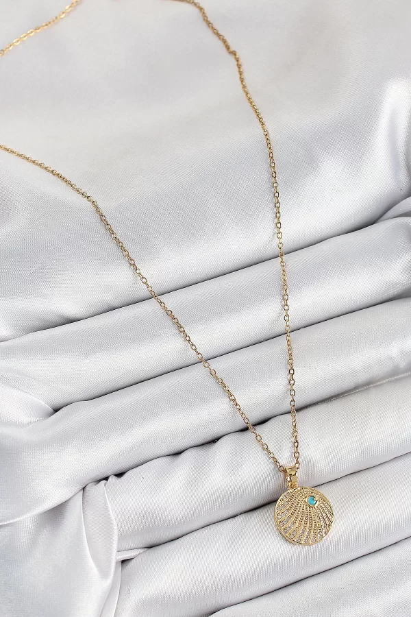 316L Çelik Zirkon Taşlı Madalyon Model Gold Renk Kadın Kolye