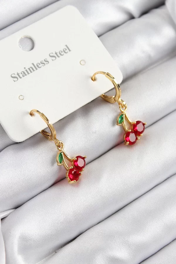 316L Çelik Zirkon Taşlı Sallantılı Kiraz Model Gold Renk Kadın Küpe