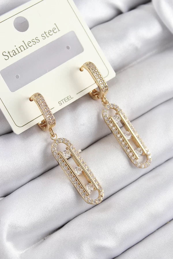 316L Çelik Zirkon Taşlı Sallantılı Messika Model Gold Renk Kadın Küpe
