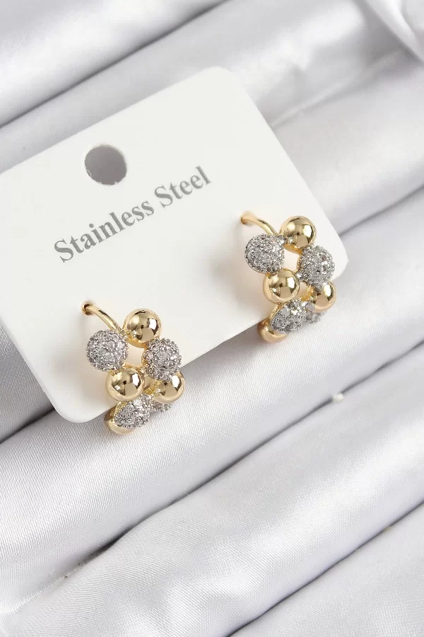 316L Çelik Zirkon Taşlı Topçuk Halka Model Gold Ve Gümüş Renk Kadın Küpe